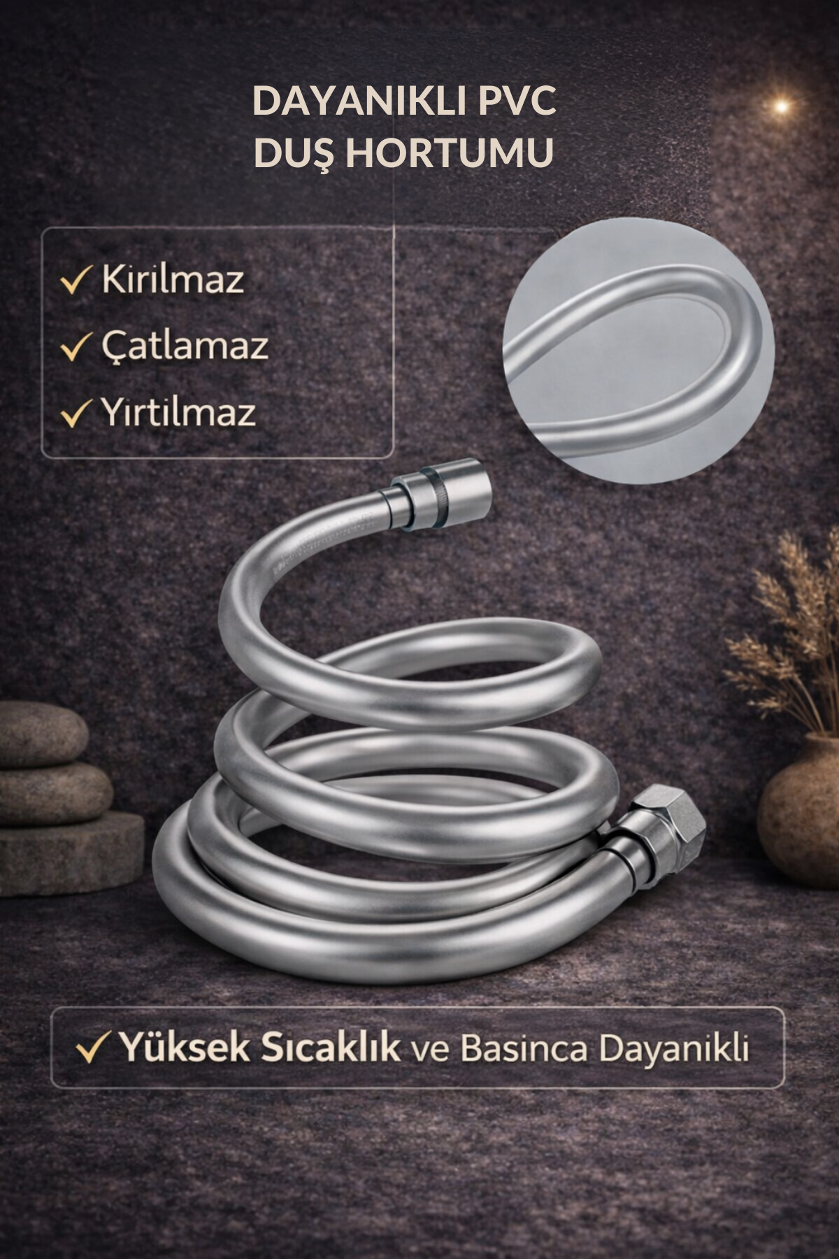 AquaFlow Gri PVC Duş Hortumu 150 cm - 360° Döner Başlıklı Kırılmaz Banyo Spiral