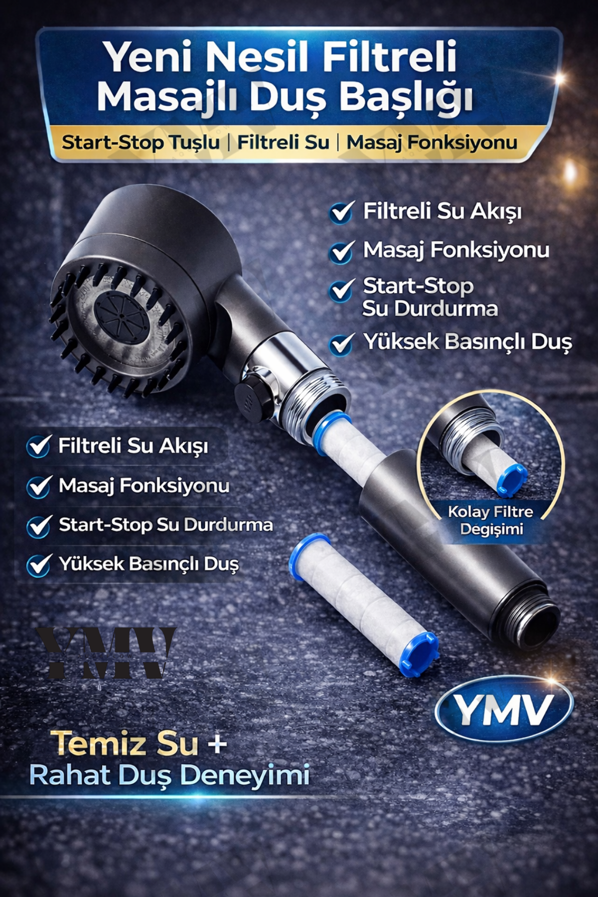 AquaFlow 3 Fonksiyonlu Masajlı Filtreli Duş Başlığı
