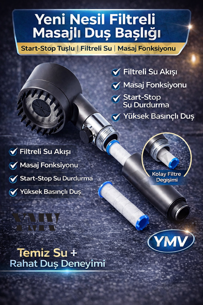 AquaFlow 3 Fonksiyonlu Masajlı Filtreli Duş Başlığı